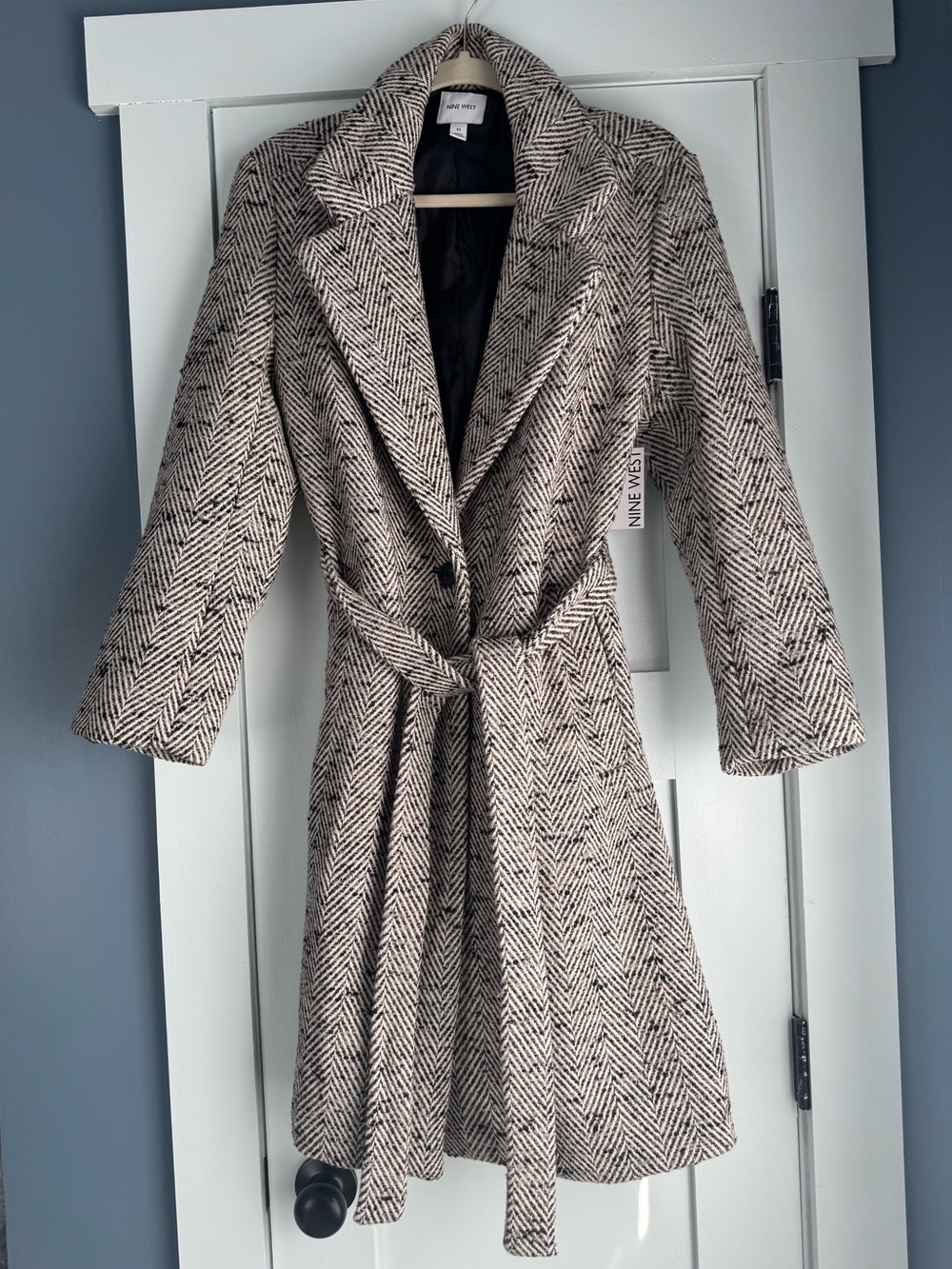 Nine West Herringbone Belted Wrap Coat Black Cream Brown NWT